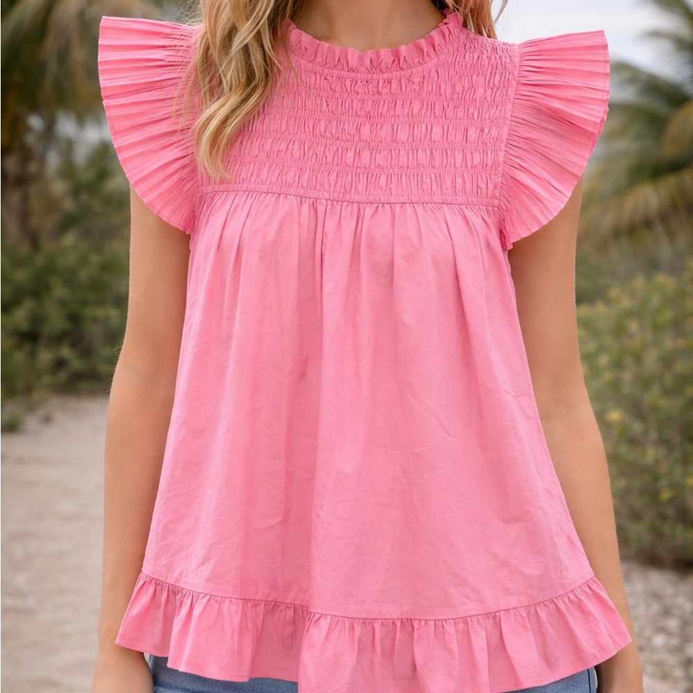 Pink ruffled smocked flowy top by meet me in Santorini large colorful coquette